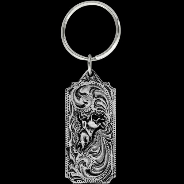 Bull Rider, The ultimate Cowboy Keychain! Our Bull Rider keychain includes beautiful, engraved scrolls, a 3D bull riding figure, back engraving, and a key ring at